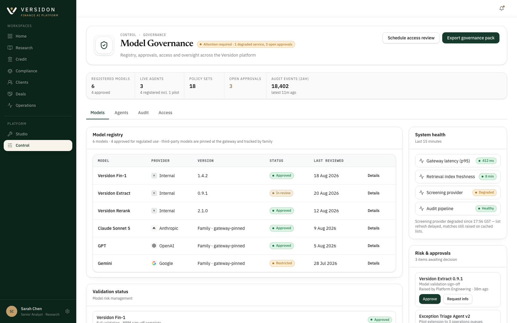 Control governance screen: model registry with validation status and owner, agent registry, entitlements and the event log