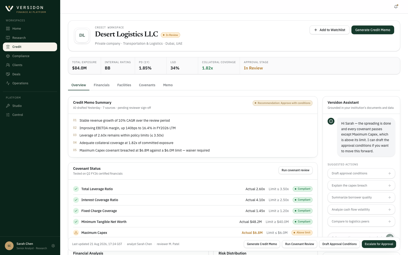A credit memo in Versidon with a drafted block marked pending review, showing accept and discard controls and an attribution line