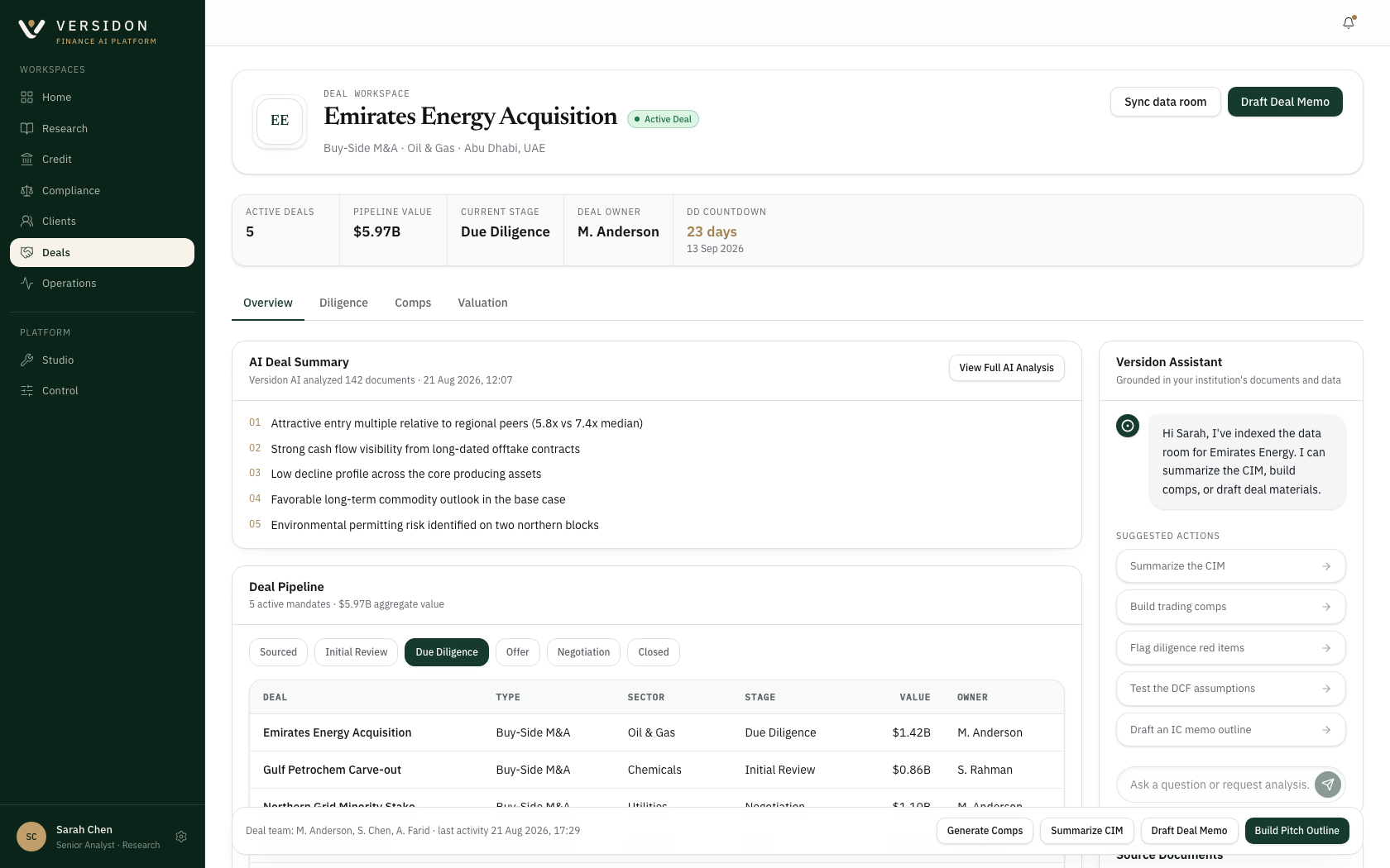 Versidon Deals: diligence workstream trackers with owners and open items beside trading comps and a valuation bridge reconciling to the entry price